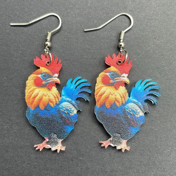 Farm Rooster Animal Earrings New Pierced Pair Bird Farm Animal Unisex Adult Kids - Picture 4 of 4
